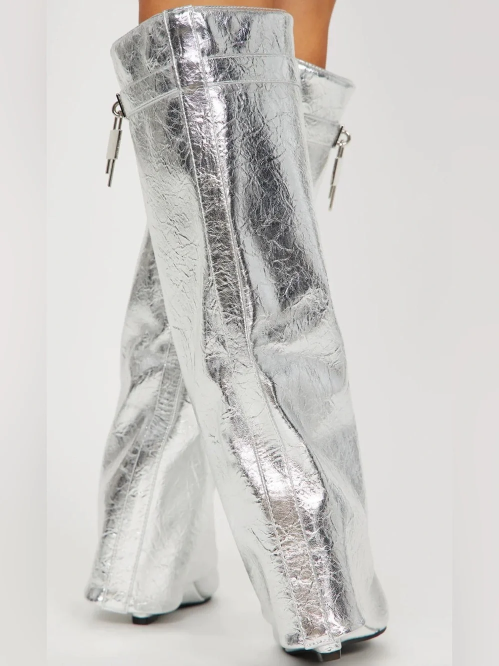NWOB Fashion Nova Metallic Silver Knee-High Wedge Boots Size 9